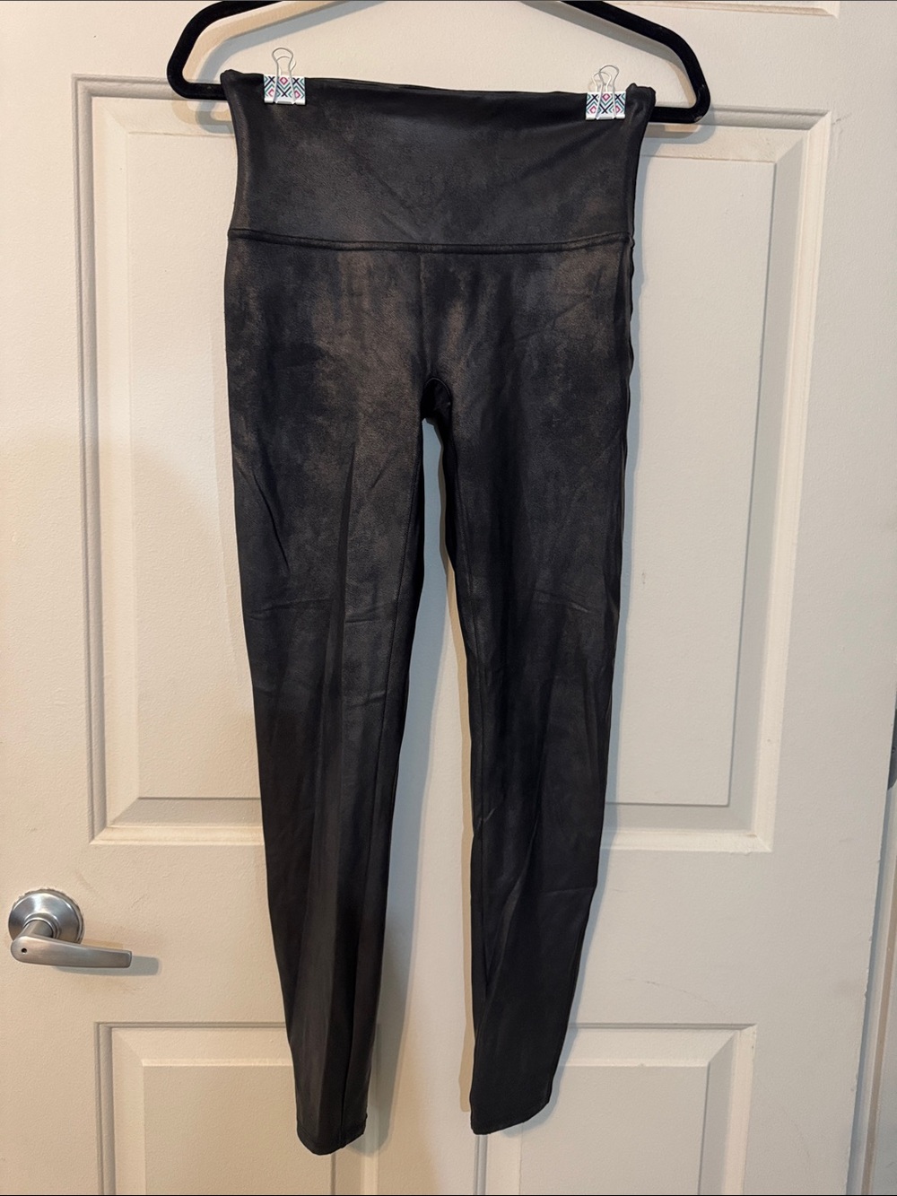 SPANX Black Faux Leather Leggings with Red Tag